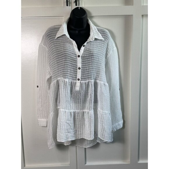 Miou Muse Sheer Tiered Button Up Texture Striped Shirt‎ Womens XL - Picture 2 of 10